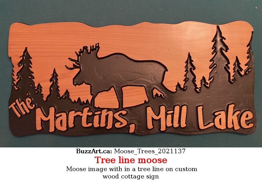Moose image with in a tree line on custom wood cottage sign
